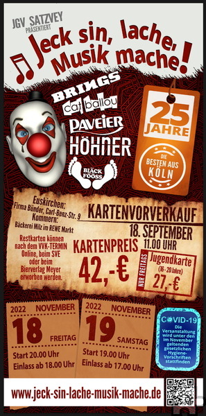 Mit diesem Flyer wirbt der JGV Satzvey für seinen 25. Karnevals-Konzertabend in der Mechernicher Dreifachturnhalle. Repo: JGV/pp/Agentur ProfiPress