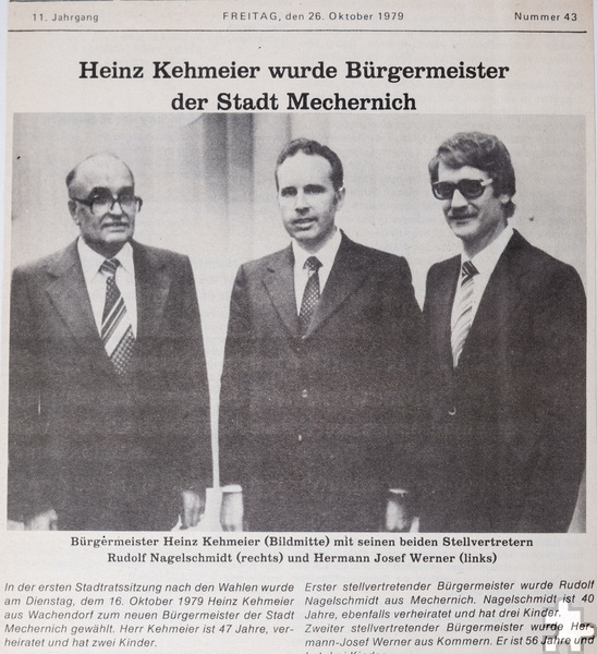 Am Dienstag, 16. Oktober 1979, wurde Heinz Kehmeier zum neuen Bürgermeister der Stadt Mechernich gewählt. Den Zeitungsbericht dazu hat der Wachendorfer natürlich aufbewahrt. Repro: Ronald Larmann/pp/Agentur ProfiPress