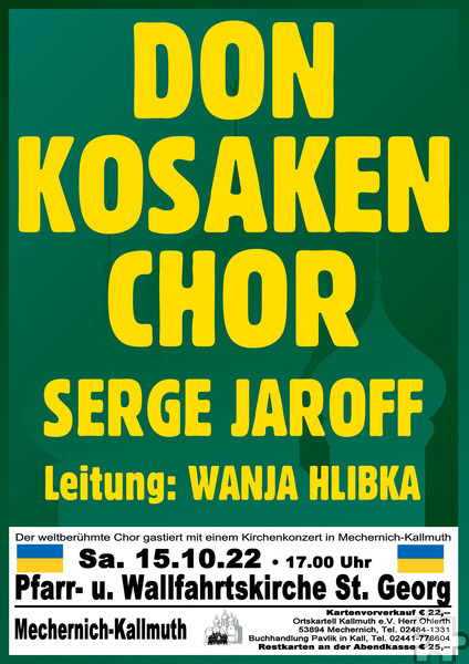 Mit diesem Plakat wird für das Kallmuther Konzert des Don Kosaken Chors Serge Jaroff unter der Leitung von Wanja Hlibka geworben. Foto: Veranstalter/pp/Agentur ProfiPress