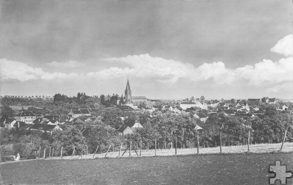 Eines seiner jüngsten Errungenschaften ist eine Fotografie von 1934, auf der Kommern mit Burg, Kirche, Kloster und Burghof zu sehen ist.  Foto: Archiv Poensgen/pp/Agentur ProfiPress