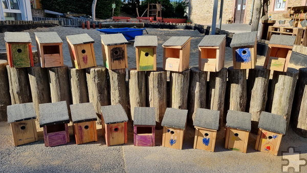 In Reih und Glied sind die Nistkästen auf dem Gelände des Rotkreuz-Kindergartens Iversheim aufgestellt worden, um sie an die Dorfgemeinschaften Eschweiler und Iversheim zu übergeben. Foto: Anja Scheffler/DRK/pp/Agentur ProfiPress