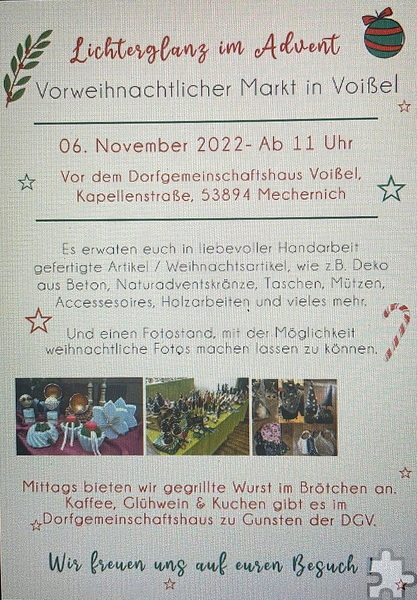 Mit vielen, liebevoll hergestellten Artikeln und reichlich Verpflegung hofft die Dorfgemeinschaft Voißel auf einen schönen Adventbasar am 6. November. Grafik: DGV/pp/Agentur ProfiPress