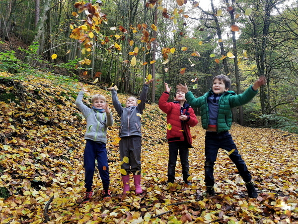 Tanz im Blätterregen: Mit Kindern gibt es im herbstlichen Wald viel zu entdecken. Foto: Steffi Tucholke/pp/Agentur ProfiPress