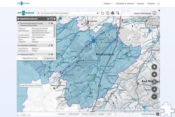 Auf einer interaktiven Karte lassen sich Informationen über die Hochwasserschutz-Maßnahmen der Stadt Mechernich und der 18 weiteren Kooperationspartner ablesen. Screenshot: Ronald Larmann/pp/Agentur ProfiPress