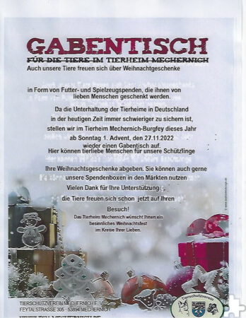 Mit diesem Plakat wirbt der Tierschutzverein Mechernich e.V. für seinen Gabentisch für Tiere. Repro: Manfred Lang/pp/Agentur ProfiPress