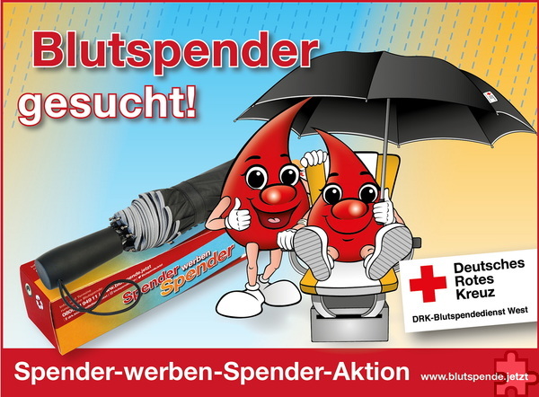 Auch einen schicken Regenschirm gibt es für jeden, der einen Erstspender mitbringt. Grafik: DRK Blutspendedienst West/pp/Agentur ProfiPress