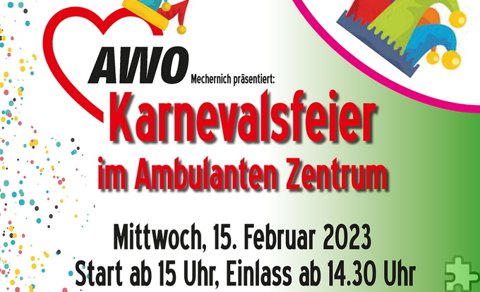 Die Karnevalsfeier im Ambulanten Zentrum in Mechernich beginnt am Mittwoch, 15. Februar, um 15 Uhr bei freiem Eintritt. Grafik: Arbeiterwohlfahrt/pp/Agentur ProfiPress