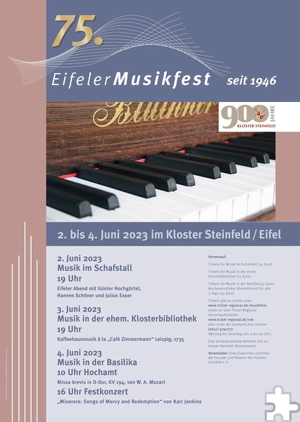 Die genaue Programmabfolge des 75. Eifeler Musikfestes vom 2. bis 4. Juni im Salvatorianerkloster Steinfeld. Screenshot: Henri Grüger/pp/Agentur ProfiPress
