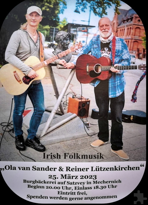 Am Samstag, 25. März, spielen Ola van Sander (l.) und Reiner Lützenkirchen wieder kostenlos klassisch-irische Musik in der Satzveyer Burgbäckerei. Grafik: Veranstalter/pp/Agentur ProfiPress