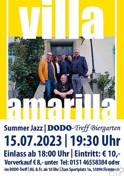 Am Samstag, 15. Juli, kommen Jazz-Fans mit „Villa Amarilla“ in Firmenich voll auf ihre Kosten. Der Veranstalter wirbt mit diesem Plakat. Grafik: Veranstalter/pp/Agentur ProfiPress