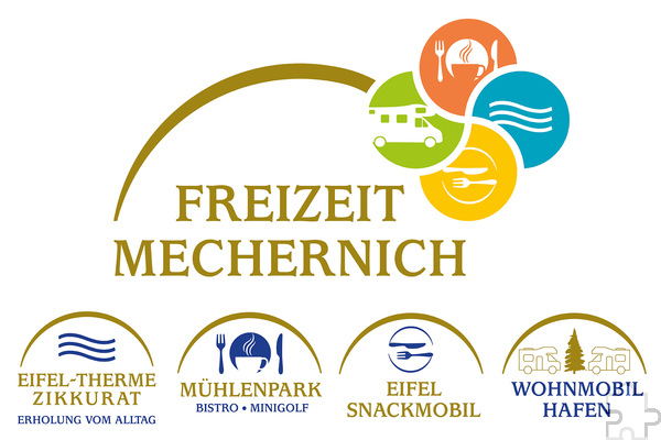 Alles unter einem Dach: Die neue Freizeit Mechernich GmbH vereint in sich die Eifel-Therme Zikkurat, das Mühlenpark-Bistro, das Eifel-Snackmobil und den künftigen Wohnmobilhafen. Logos: Freizeit Mechernich GmbH/pp/Agentur ProfiPress