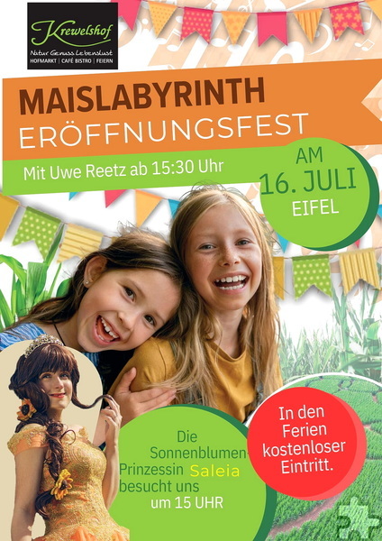 Mit diesem Plakat wirbt der Krewelshof Eifel für das örtliche „Eröffnungsfest“ zum Irrgarten. Grafik: Krewelshof/pp/Agentur ProfiPress