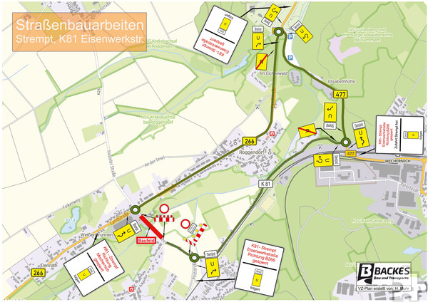 Über die B 477 Richtung Mühlenpark und über Roggendorf zurück auf die B 266 wird der Verkehr im Zuge von Bauarbeiten an der K 81 umgeleitet. Grafik: Stadt Mechernich/pp/Agentur ProfiPress