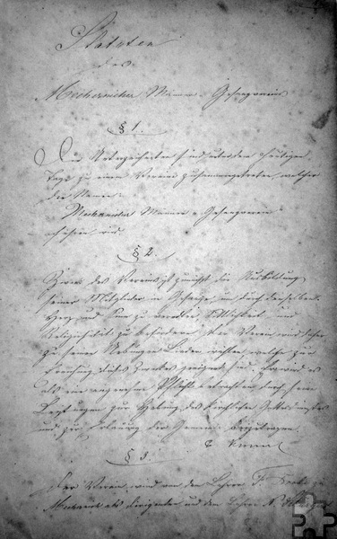 Die handgeschriebene Titelseite der Gründungsstatuten von 1863. Foto: Peter Lorenz Könen/pp/Agentur ProfiPress