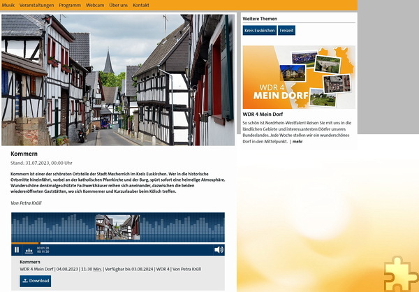 Noch bis 3. August 2024 kann man das Download des Kommern-Beitrags in der Reihe „Mein Dorf“ im WDR-4-Hörfunk noch aufrufen. Screenshot: Manfred Lang/pp/Agentur ProfiPress