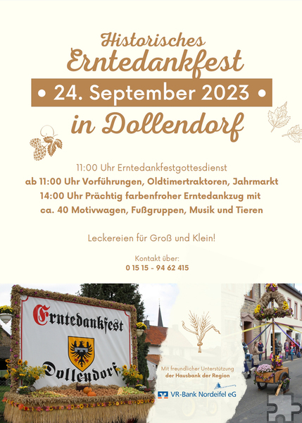 Mit diesem Plakat wirbt die Vereinsgemeinschaft Dollendorf für ihr über die Grenzen der Region hinaus bekanntes historisches Erntedankfest. Foto: privat/pp/Agentur ProfiPress