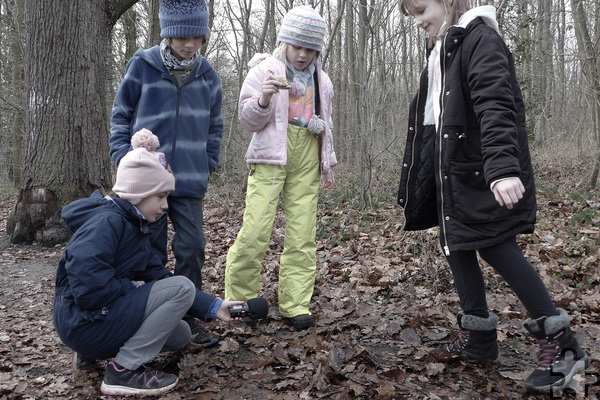 Was macht nasses Laub wohl für Geräusche? Die Satzveyer Grundschulkinder experimentierten mit Tonaufnahmen im Wald. Foto: privat/pp/Agentur ProfiPress