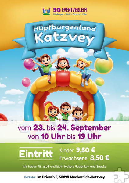 Mit diesem Plakat werben die Veranstalter für das Hüpfburgenland Katzvey. Foto: Veranstalter/pp/Agentur ProfiPress
