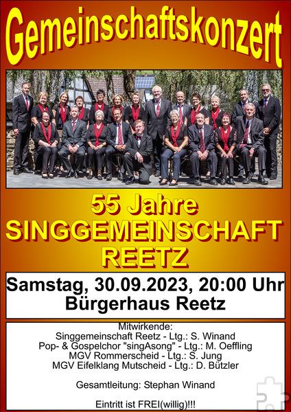 Mit diesem Plakat wirbt die Singgemeinschaft Reetz für ihr Geburtstags-Konzert, bei dem sie von diversen Ensembles unterstützt werden. Grafik: Veranstalter/pp/Agentur ProfiPress