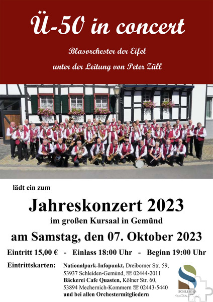 Mit diesem Plakat wird das „Ü-50 in concert – Blasorchester der Eifel" unter der Leitung von Peter Züll für sein Konzert Foto: privat/pp/Agentur ProfiPress