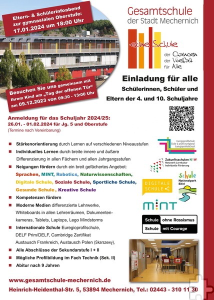 Mit diesem Plakat wirbt die Gesamtschule Mechernich für ihren Tag der offenen Tür am Samstag, 9. Dezember, von 9.30 bis 13 Uhr. Repro: Dennis Schwinnen/pp/Agentur ProfiPress