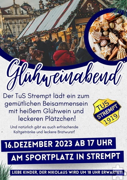 Mit diesem Plakat wirbt der Verein für seinen Glühweinabend am 16. Dezember am Strempter Sportplatz. Grafik: TuS Strempt 1919 e. V./pp/Agentur ProfiPress