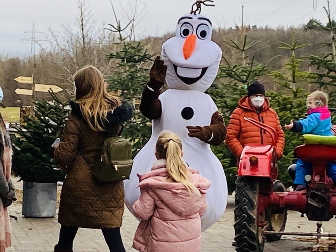 Olaf, der „beliebteste und lustigste Schneemann der Welt“, kommt am 10. Dezember zu Besuch nach Lohmar. Wie hier im Hintergrund zu sehen bieten die Höfe auch Weihnachtsbäume an. Foto: Krewelshof/pp/Agentur ProfiPress