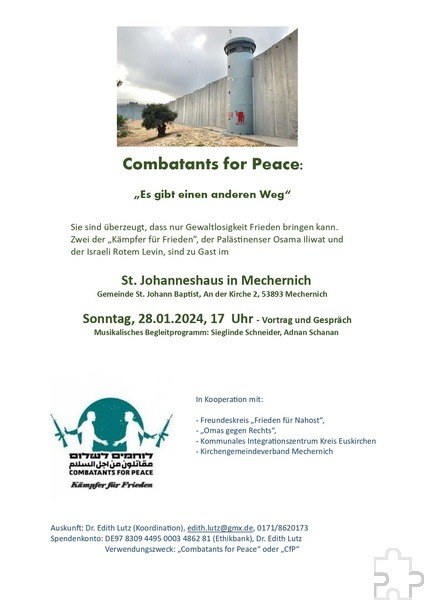 Mit diesem Plakat werben die Veranstalter für viele interessierte Teilnehmer. Grafik: Combatants for Peace/pp/Agentur ProfiPress