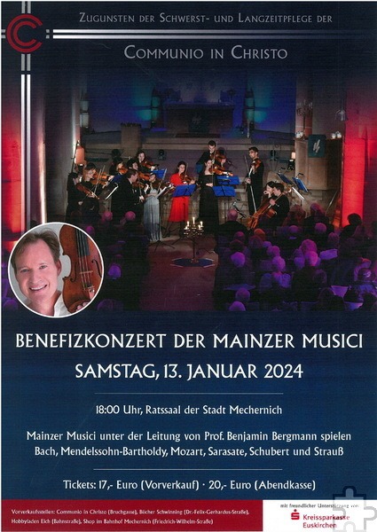 Mit Plakaten und Flyern bewirbt die Communio das Benefizgastspiel der Mainzer Musici am Samstag, 13. Januar, ab 18 Uhr im Mechernich Ratssaal. Repro: Sabine Roggendorf/pp/Agentur ProfiPress