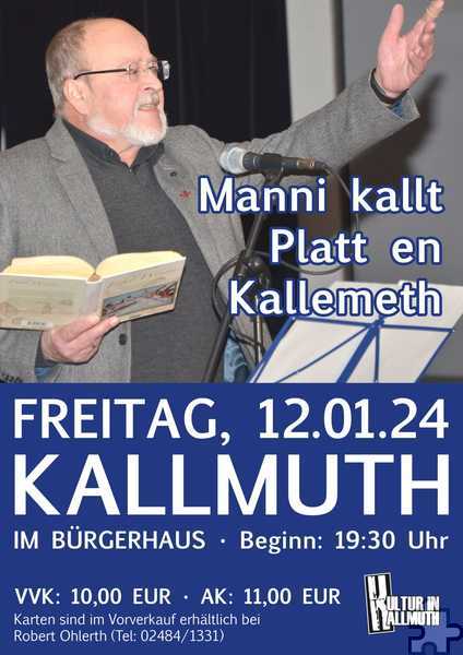 Dieses Plakat zeigt die Eck- und Rahmendaten der "Kultur im Bürgerhaus"-Veranstaltung in Kallmuth am 12. Januar 2024 Grafik: Veranstalter/pp/Agentur ProfiPress 