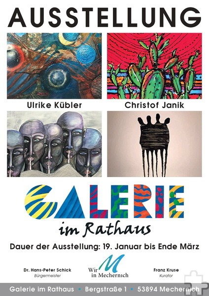 Plakat der Gemeinschaftsausstellung „Künstler der Eifel“ mit Ulrike Kübler und Christof Janik in der Mechernicher Galerie im Rathaus. Repro: Sabine Roggendorf/pp/Agentur ProfiPress