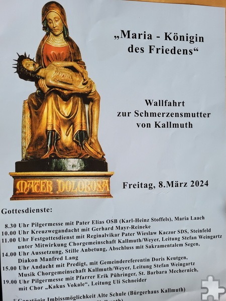 Das von Gerd Schramm entworfene Plakat wirbt für den Schmerzensfreitag 2024 mit dem Motto „Maria, Königin des Friedens“. Repro: Manfred Lang/pp/Agentur ProfiPress