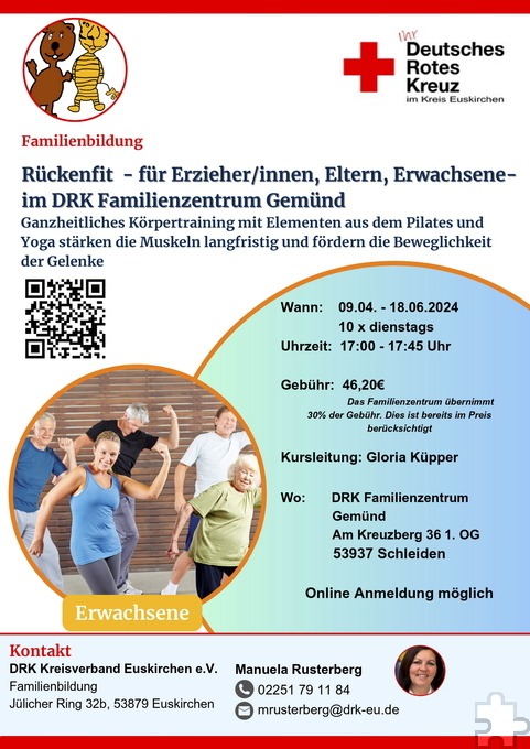 Mit diesem Plakat wirbt der DRK-Kreisverband Euskirchen für den „Rückenfit“-Kurs in Gemünd. Grafik: DRK Euskirchen/pp/Agentur ProfiPress