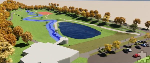 So könnte das Mühlensee-Gelände künftig aussehen. Ein kleiner Teich soll verbleiben und Fußwege angelegt werden. Grafik: Erftverband/pp/Agentur ProfiPress