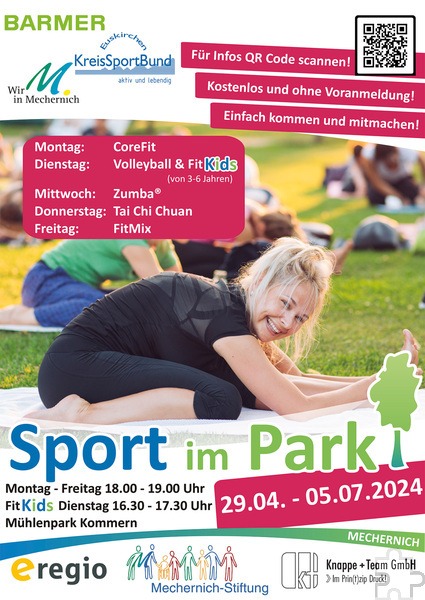 Mit diesem Plakat werben die Veranstalter für Sport im Park in Mechernich. Weitere Infos sind über den QR-Code zu bekommen. Grafik: Kreissportbund/pp/Agentur ProfiPress