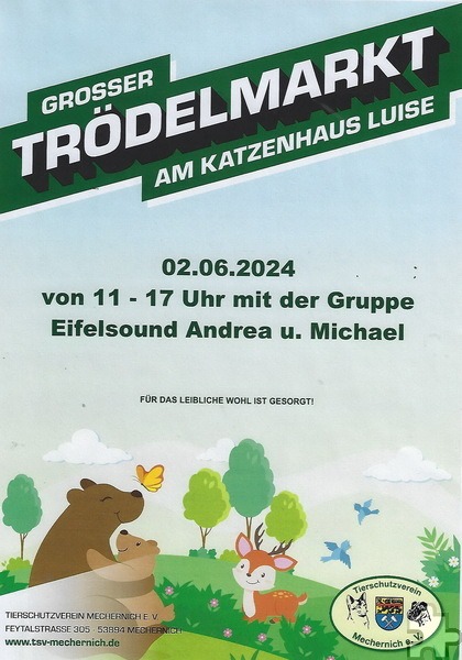 Mit diesem Plakat wirbt der Tierschutzverein Mechernich für seinen nächsten Tierheimtrödel am 2. Juni. Repro: Sabine Roggendorf/pp/Agentur ProfiPress
