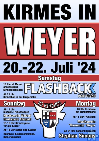 Mit diesem Plakat bewirbt das von Mathias Hansen geführte Vereinskartell Weyer die Kirmes vom 20. Bis 22. Juli. Repro: Ronald Larmann/pp/Agentur ProfiPress