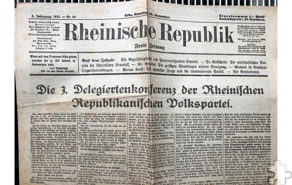 Bereits 1921 erschien in Köln die „Freie Zeitung“ der „Rheinischen Republik“. Hier ein Vorbericht aus der Ausgabe vom 10. Dezember dieses Jahres zum Kongress der „Rheinischen Volkspartei“. Repro: Manfred Lang/pp/Agentur ProfiPress