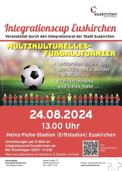 Mit diesem Plakat wirbt der Euskirchener Integrationsrat für das multikulturelle Fußballturnier. Dabei wird es unter anderem Essen aus aller Welt und eine Hüpfburg für Kinder geben. Grafik: Veranstalter/pp/Agentur ProfiPress