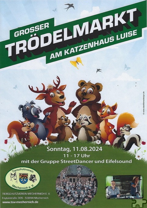 Mit diesem Plakat wirbt das Tierheim für den Trödelmarkt, dessen Erlöse in die Krankenstation für Katzen fließen sollen. Grafik: Veranstalter/pp/Agentur ProfiPress