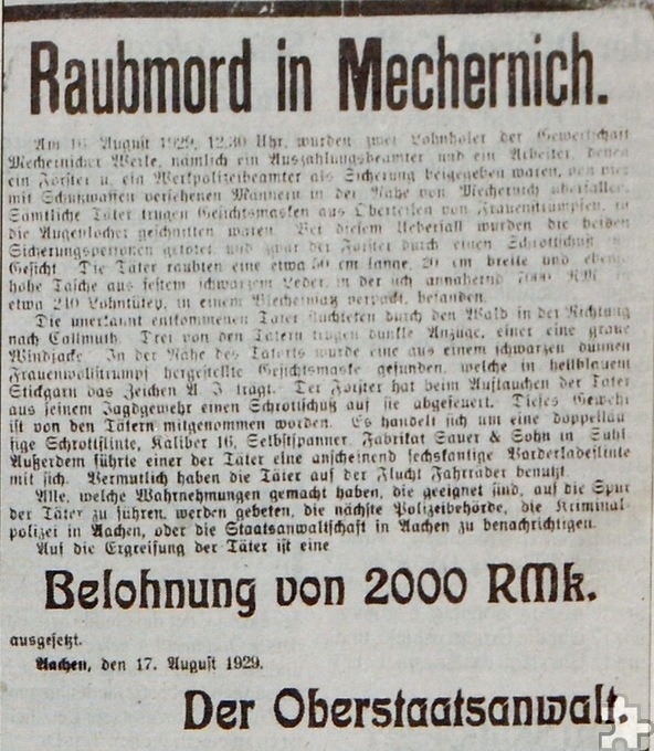 Für die Überführung der Täter wurden unmittelbar nach dem Lohngeldraub 2000 Mark Belohnung ausgesetzt, später bis zu 10.000 Reichsmark. Repro: Ronald Larmann/pp/Agentur ProfiPress