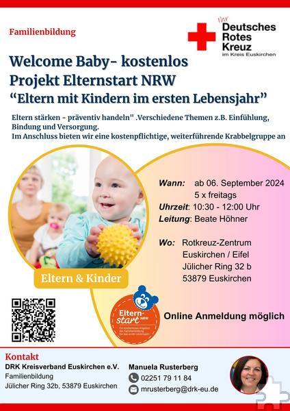 Mit diesem Flyer wirbt das Rote Kreuz für seinen kostenlosen Elternstart-Kursus vom 6. September bis 11. Oktober jeweils zwischen 10.30 und 12 Uhr im Rotkreuzzentrum Euskirchen/Eifel hinter dem Kreishaus am Jülicher Ring. Repro: Sabine Roggendorf/pp/Agentur ProfiPress