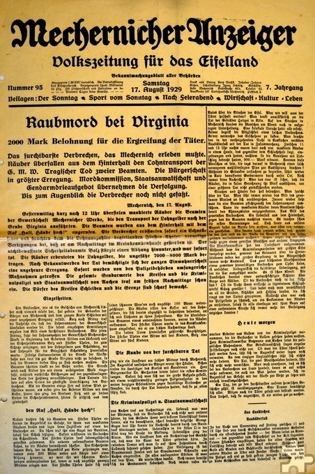 Groß berichtete der „Mechernicher Anzeiger“ am Samstag, 17. August 1929, über den Überfall beim Tagebau „Virginia“, der späteren Kreismülldeponie. Repro: Archiv Peter Lorenz Koenen/pp/Agentur ProfiPress