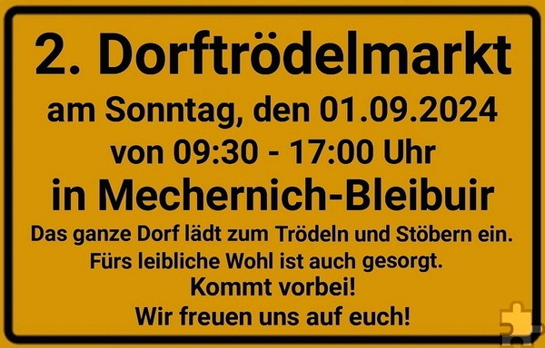 Mit dieser Ortsschilder-Animation wirbt die Dorfgemeinschaft Bleibuir für ihren zweiten Dorftrödel überhaupt, der am Sonntag, 1. Septeember, zwischen 9.30 und 17 Uhr über die Bühne geht. Repro: André Neubauer/pp/Agentur ProfiPress