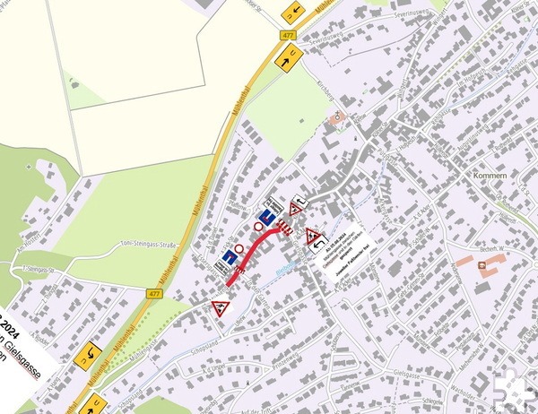 Aufgrund von Glasfaser-Verlegungsarbeiten muss die „Mühlengasse“ in Kommern vom heutigen Montag, 5. August, bis Freitag, 30. August, für den Fahrzeugverkehr teils gesperrt werden. Grafik: Stadt Mechernich/pp/Agentur ProfiPress