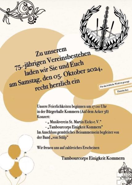 Mit diesem Plakat wirbt das Tambourcorps Einigkeit Kommern für das Fest zum 75-jährigen Vereinsbestehen. Grafik: TC „Einigkeit“ Kommern/pp/Agentur ProfiPress