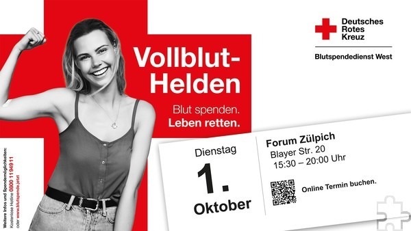 Mit diesem Plakat werben die Zülpicher Rotkreuzler für die Blutspende am Dienstag, 1. Oktober, ab 15.30 Uhr im Zülpicher Forum. Grafik: DRK Kreis Euskirchen/pp/Agentur ProfiPress