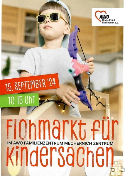 Mit diesem Plakat werben die „AWO Kita Nyonsplatz“ und „AWO Kita Mechernich-Zentrum“ für ihren gemeinsamen Kindersachenflohmarkt am 15. September. Grafik: Awo Rhein-Erft und Euskirchen e.V./pp/Agentur ProfiPress