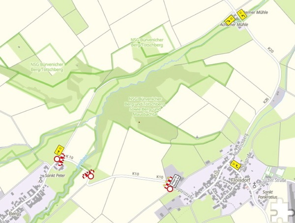 Die Vollsperrung der Kreisstraße 10 zwischen Berg und Floisdorf wird bsi Ende November verlängert. Die Umleitung für beide Fahrtrichtungen geht über „Achemer Mühle“. Repro: Sabine Roggendorf/pp/Agentur ProfiPress