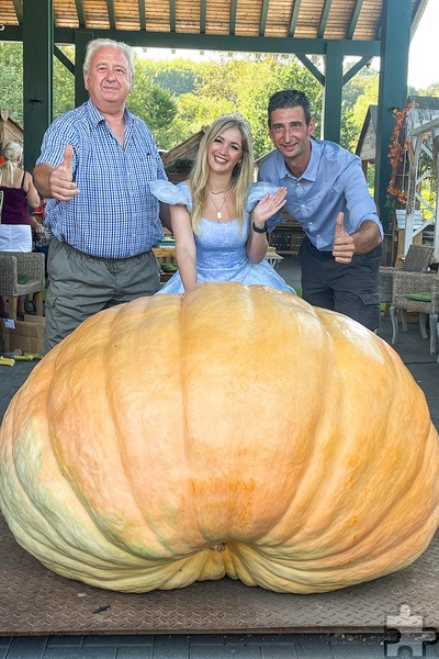 Mit seinem 513,5 Kilo schweren XXL-Kürbis entschied Walter de Wever (r.) die NRW-Kürbis-Wiegemeisterschaften im vergangenen Jahr für sich. Die nächste Auflage findet am Samstag, 14. September, statt. Foto: Kim Bieger/Krewelshof/pp/Agentur Profipress